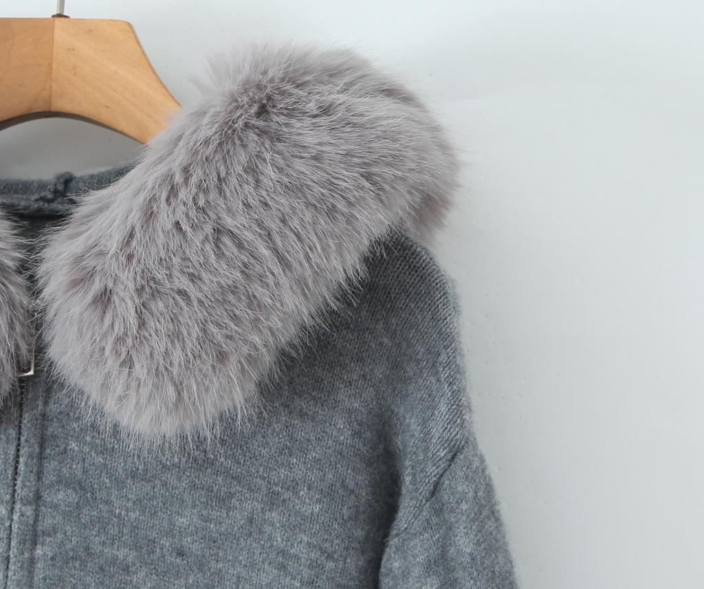 French-Style Faux Fur Collar Zipper Cardigan - Women's Autumn/Winter Sweater