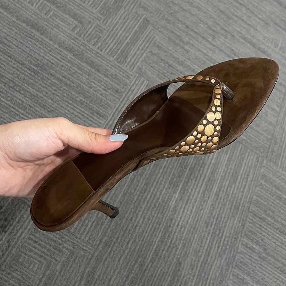 2025 New High-end Wind-sensitive Rivets Toe-in Cool Slippers Suede Herringbone High-heeled Slippers Women's Summer Outer Wear