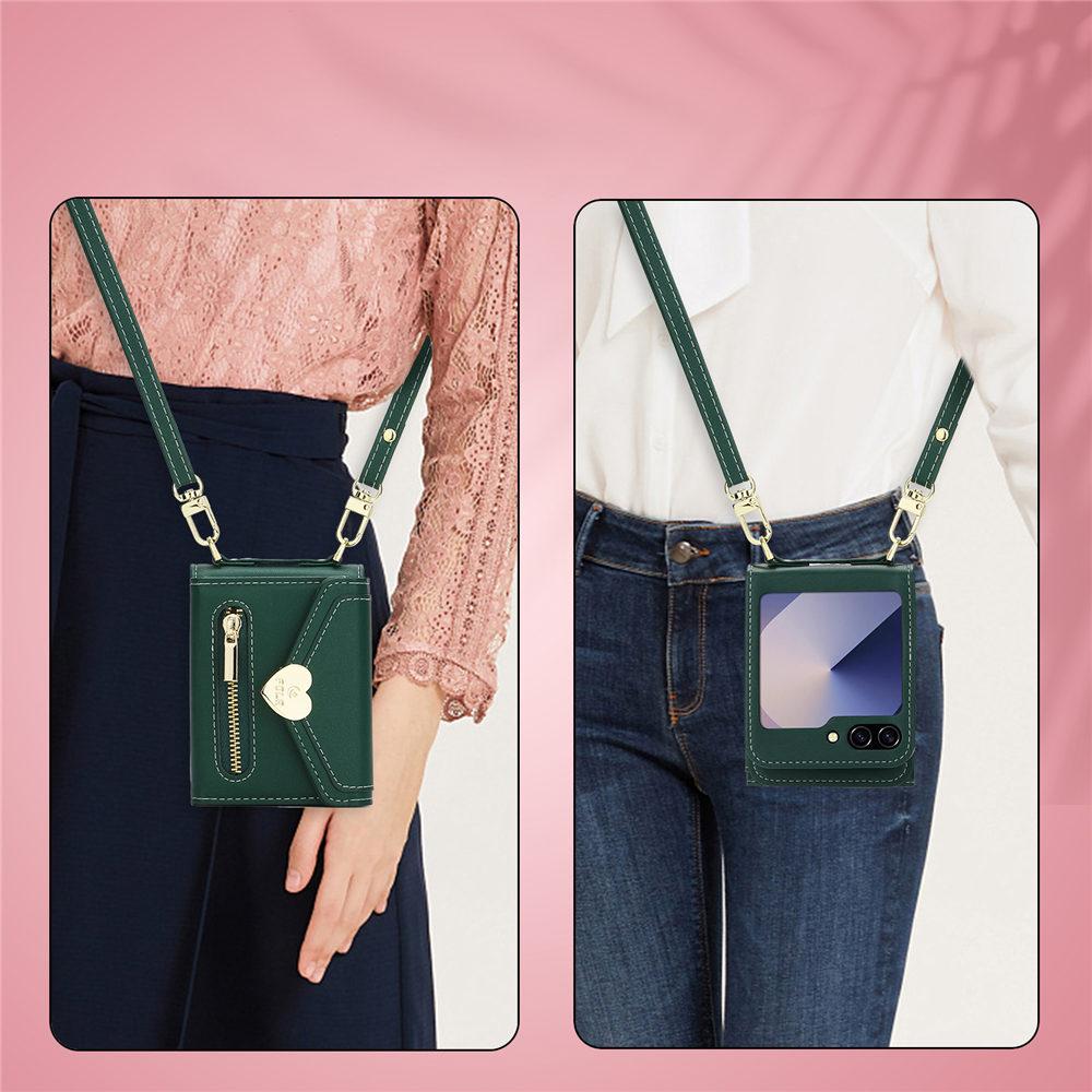 Love Heart Zipper Crossbody Wallet Leather Case For Samsung Galaxy Z Flip 6 Flip 5 4 3 Cards Holder Long Lanyard Cover