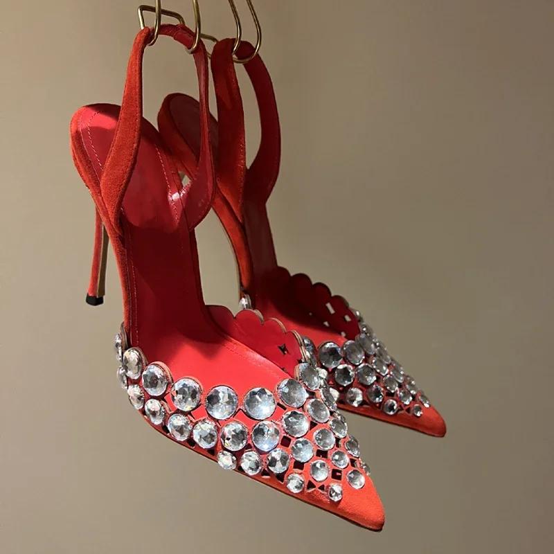 Rhinestone Decoration Multi-colored Hollow Stiletto Glitter Crystal Sandals Pointed Sandals Wedding Luxury High Heel Women Shoes