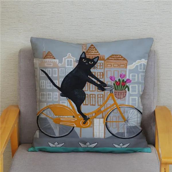 Cartoon Cycling Cat Print Cushion Cover Super Soft Pillowcase 45x45  Home Decor