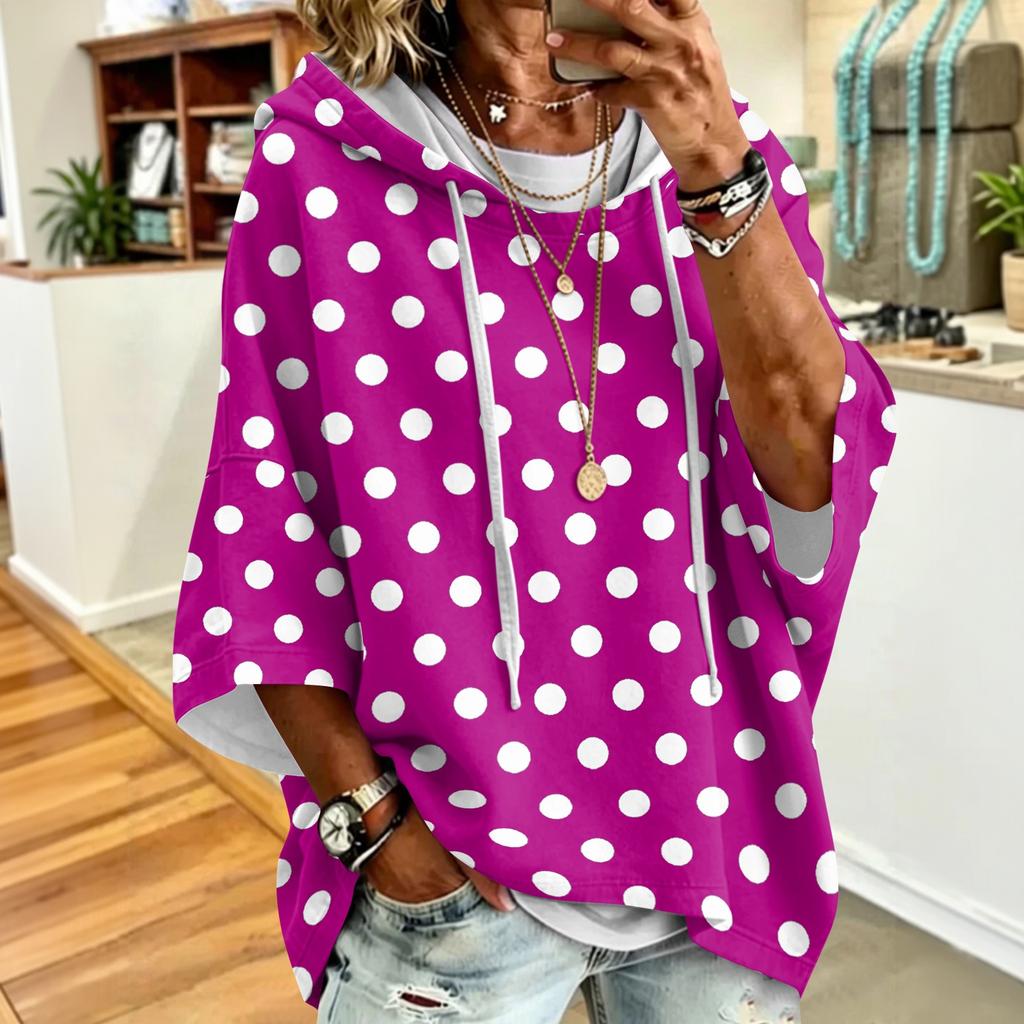Women's Polka Dot Print Drawstring Hooded Sweatshirt Loose Fit Casual Top