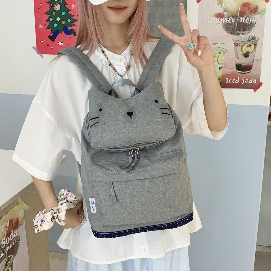 Schoolbag1011 New Japanese Gray Simple Cat Large-capacity Schoolbag Daily School Design Casual Versatile Bag