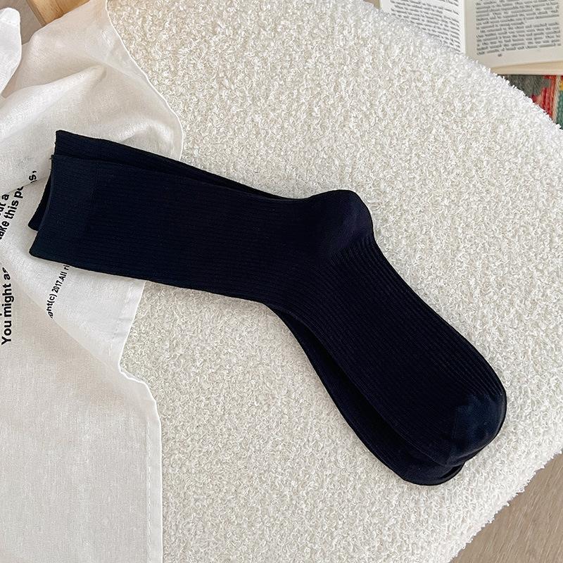 Simple Basic Solid Color Fine Vertical Striped Medium Tube Socks Season Wear With Birkenstocks Stacking Socks