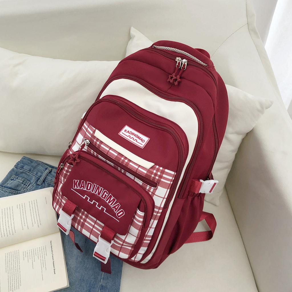 Schoolbag schoolbag female Korean version junior high school student high value plaid backpack multi-compartment large capacity contrasting color