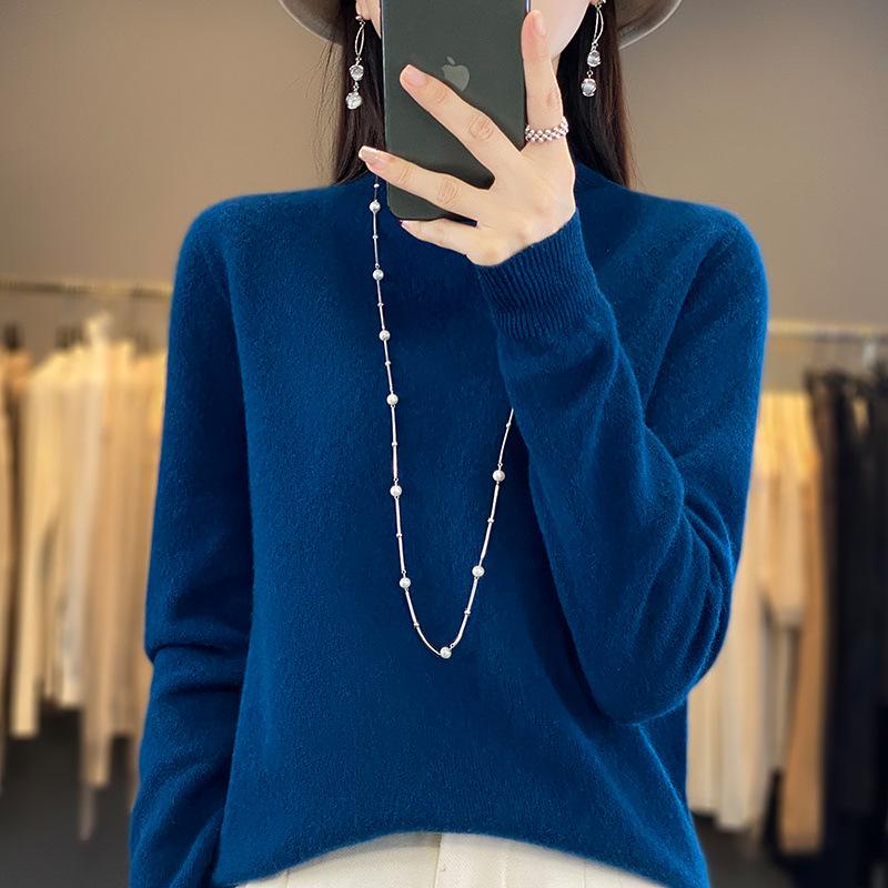 Women's Pure Wool Half-High Neck Sweater - Loose Fit Knitwear for Autumn and Winter