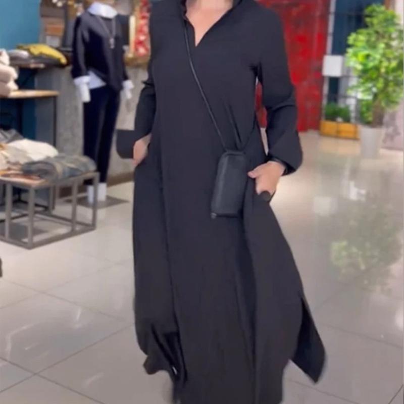 

autumn and winter new European and American casual loose solid color V-neck pullover long-sleeved dress women, simple temperament women s long skirt S чорний