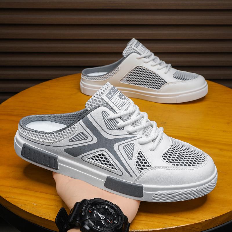 Oversized men's canvas shoes mesh half tray shoes summer sports and leisure fashionable hollow breathable sandals lazy slippers