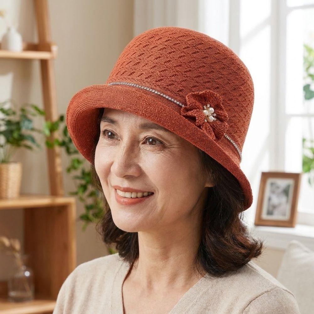 Round-Top Sun Hat Polyester Bucket Hat High-End Hepburn-Style Middle-aged Mother Hat Vacation