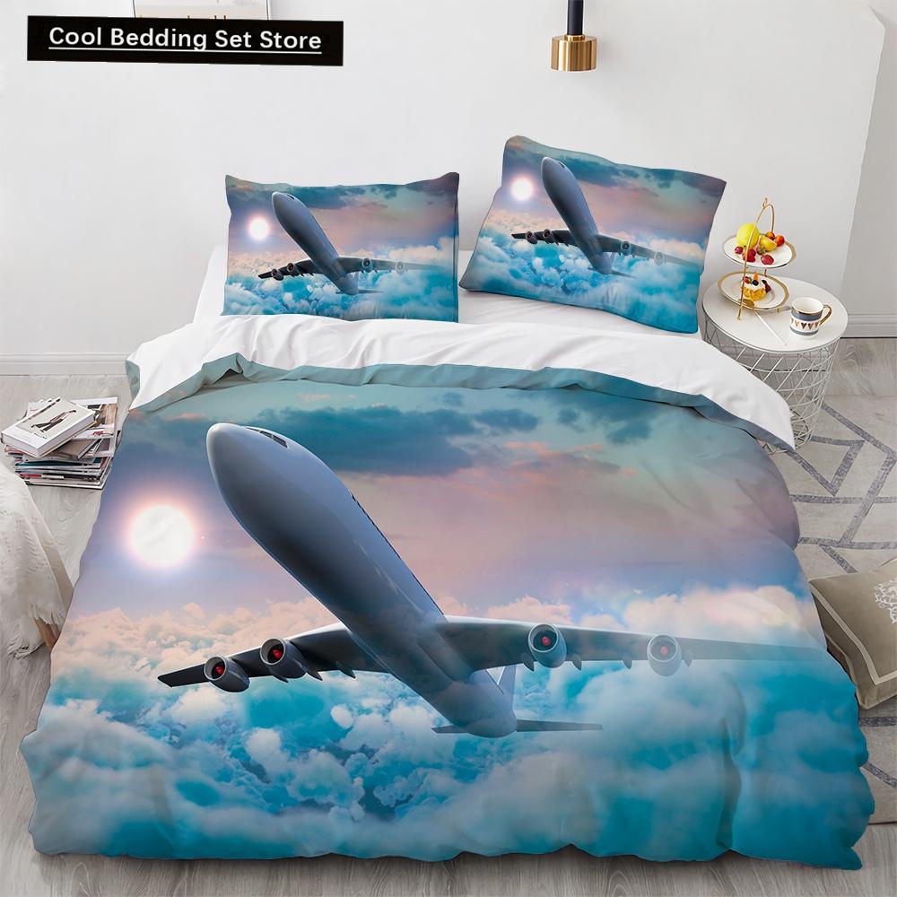 3D Airplane King Queen Duvet Cover Pink Airliner Bedding Set for Adults Sky Sea Natural Landscape 2/3pcs Polyester Quilt Cover