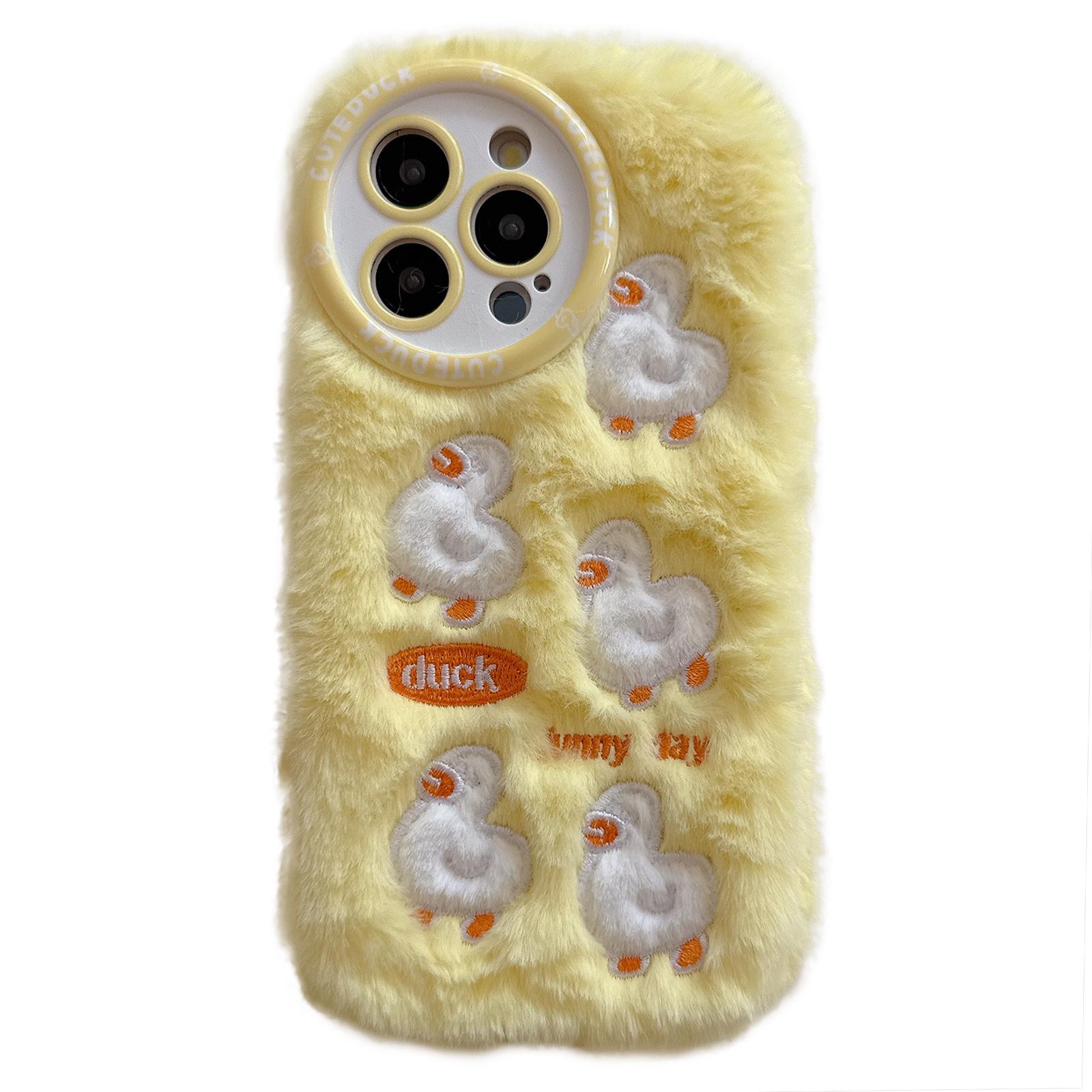 

For iPhone 16 Pro Max Case Duck Embroidery Furry Warm Plush Soft TPU Phone Cover Yellow