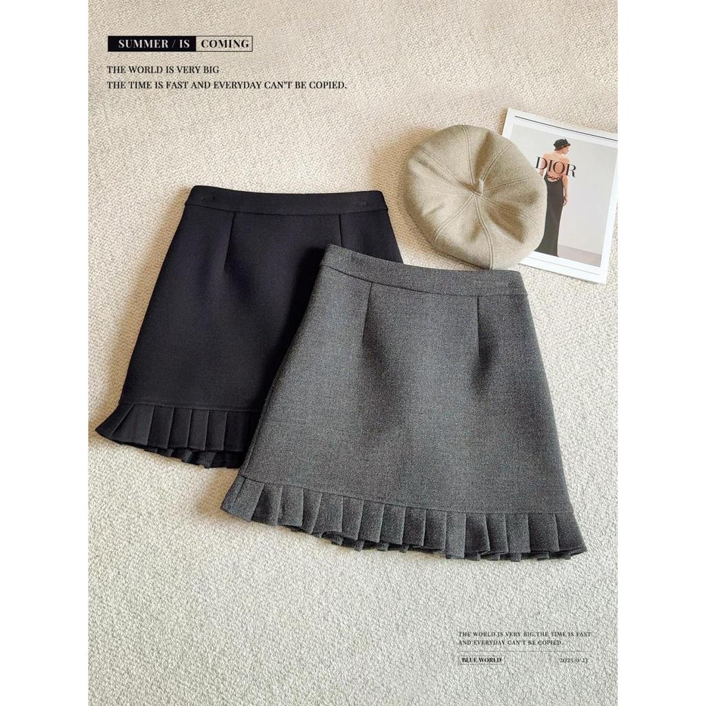 Plus Size Grey Pleated Wool A-Line Mini Skirt for Spring/Autumn