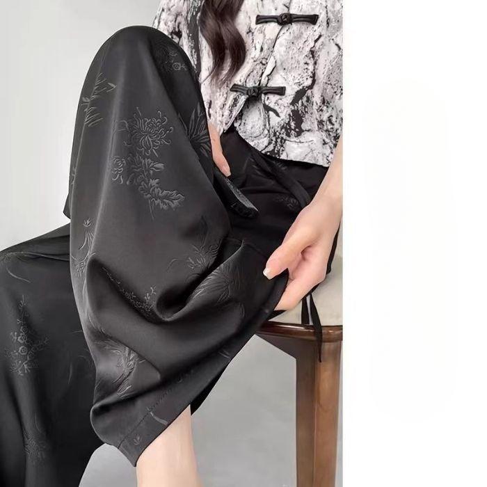 

Китайский стиль атласный жаккард новые китайские крутые широкие брюки для женщин летом новые облегающие повседневные брюки с высокой талией L