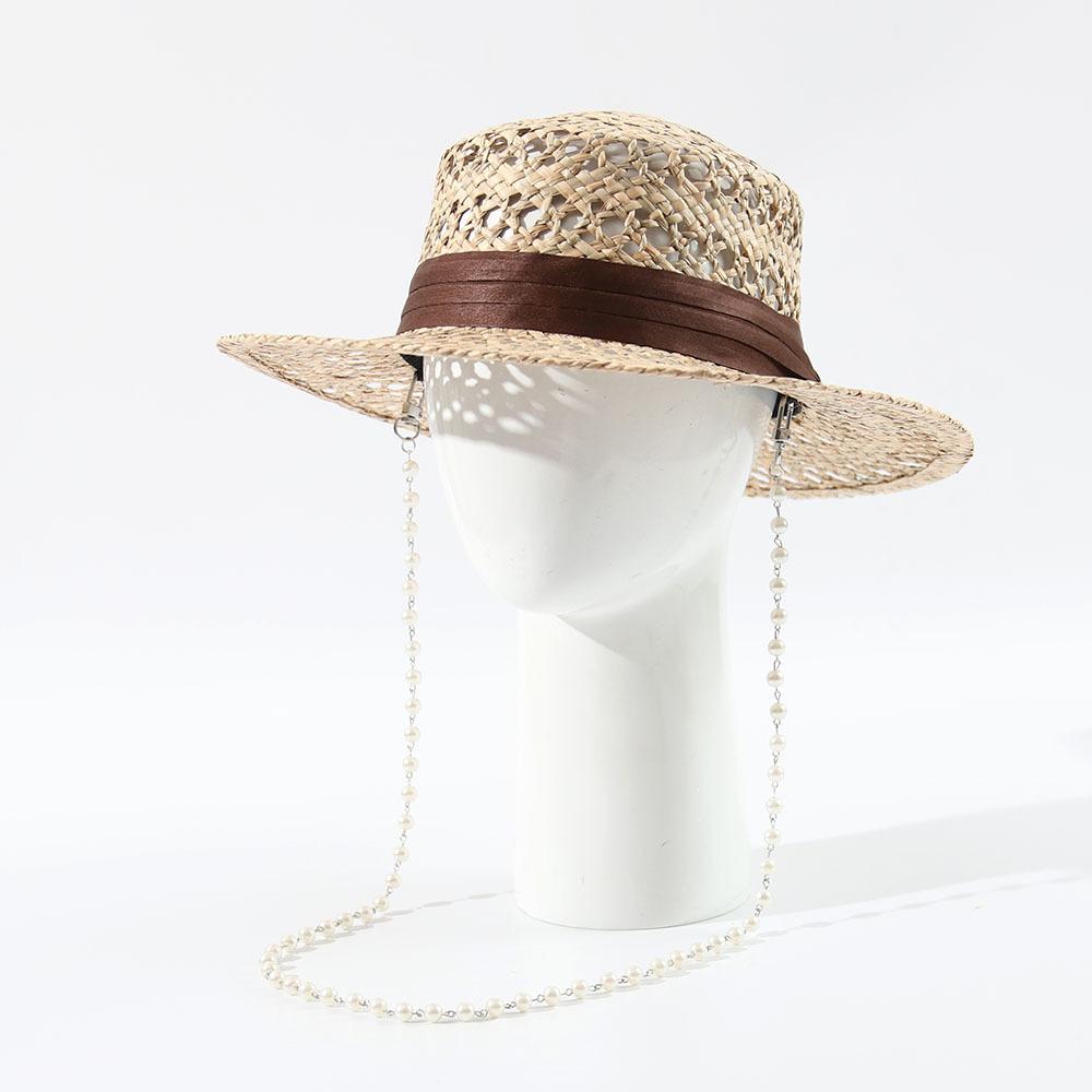 Pearl Chain Hats European and American Pearl Chain Straw Hats, Cattail Sun Hats, Handmade Hollow Sun Hats