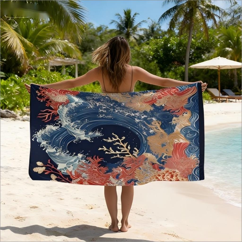 Japanese Wave Ocean Beach Towel Vintage Nautical Coral Print Microfiber Quick Dry Oversized Beach Blanket for Summer Pool