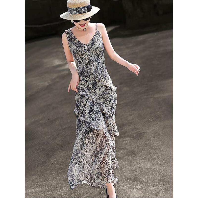 Lanser Women's French Romantic Ruffle Printed Maxi Dress