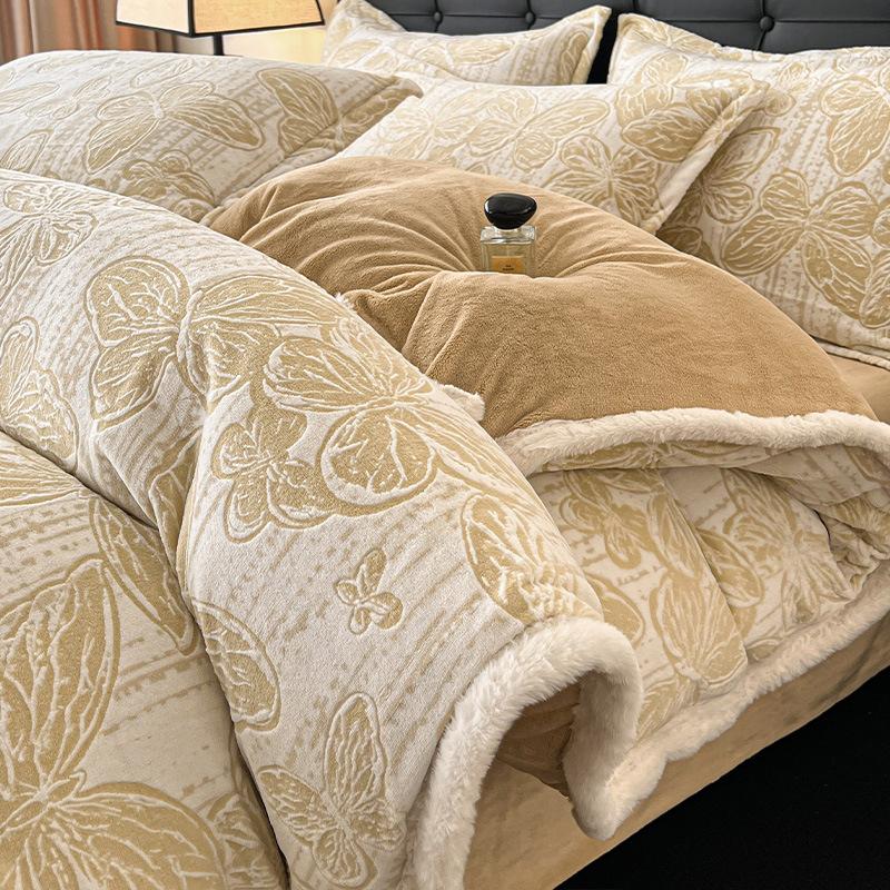 Thickened Milk Fleece Bed Four-Piece Set, Light Luxury High-End Coral Fleece Flannel Quilt Cover, Bed Sheet Three-Piece Set