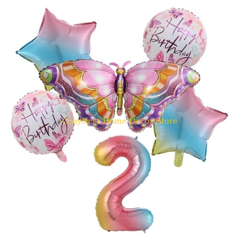 92MF Colorful Butterfly Balloon Set of 6 Aluminum Foil Number Balloon Happy-Birthday Decorations Baby Shower Party Supplies