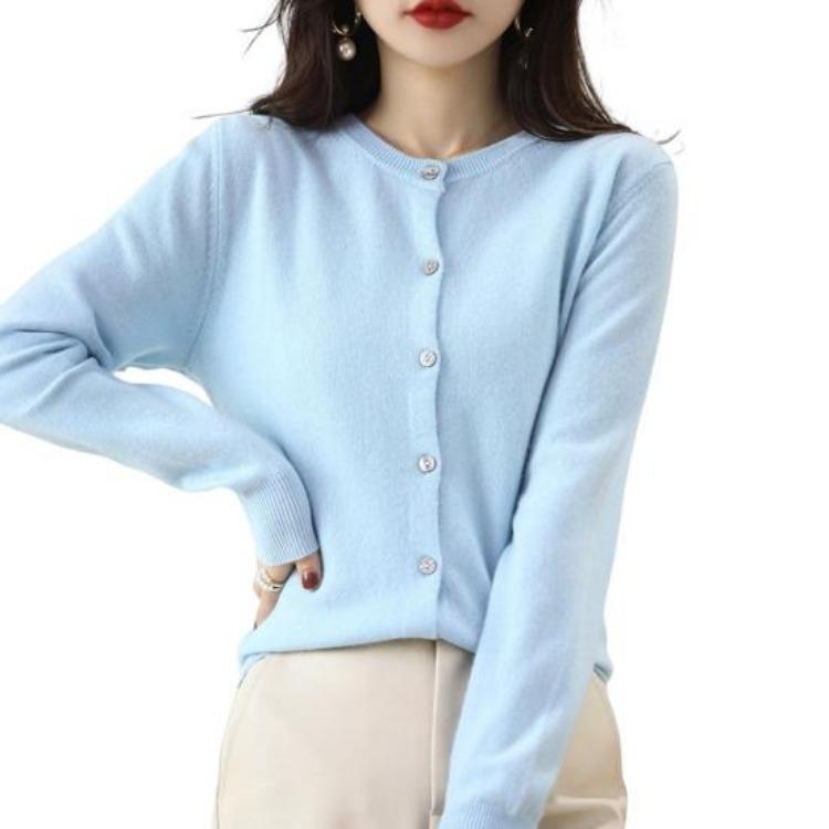 Long Sleeve Women Knitted Sweater Coat Single Breasted Round Neck