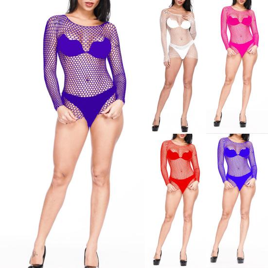 Women Sexy Bodystocking Hollow Out Transparent Grid Stretchable Slim Nightwear for Home