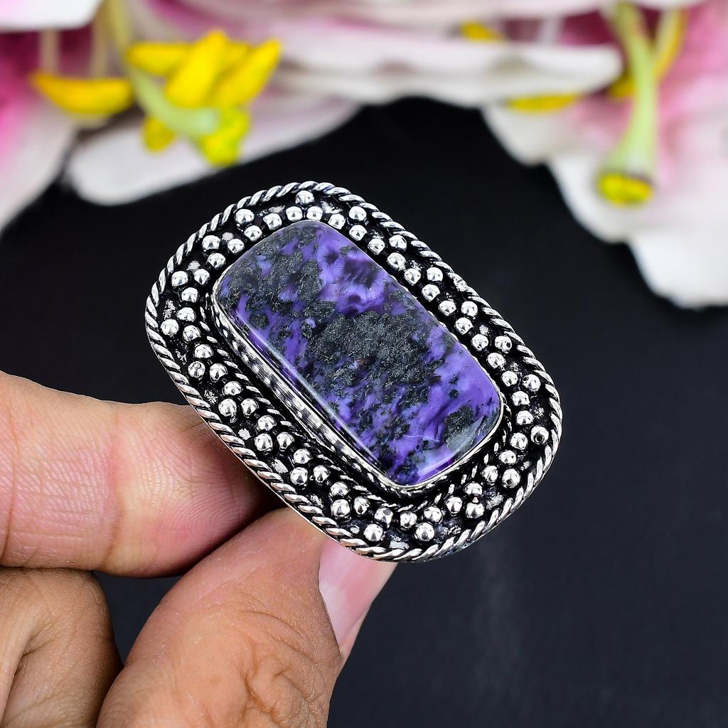 Russian Charoite Gemstone 925 Sterling Silver Jewelry Ring Size 8.5 KG-1661