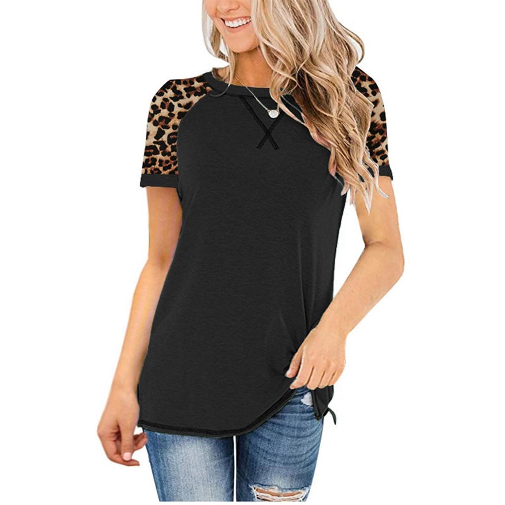 Fashion Womens Leopard Splicing Round Neck Casual Long Sleeve Tops