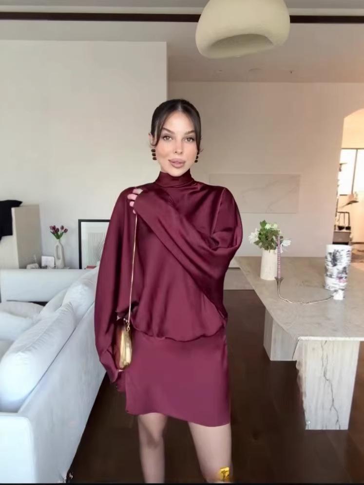 2026 Trendy European & American High Neck, High Waist Satin Long Sleeve Solid Color Short Dress