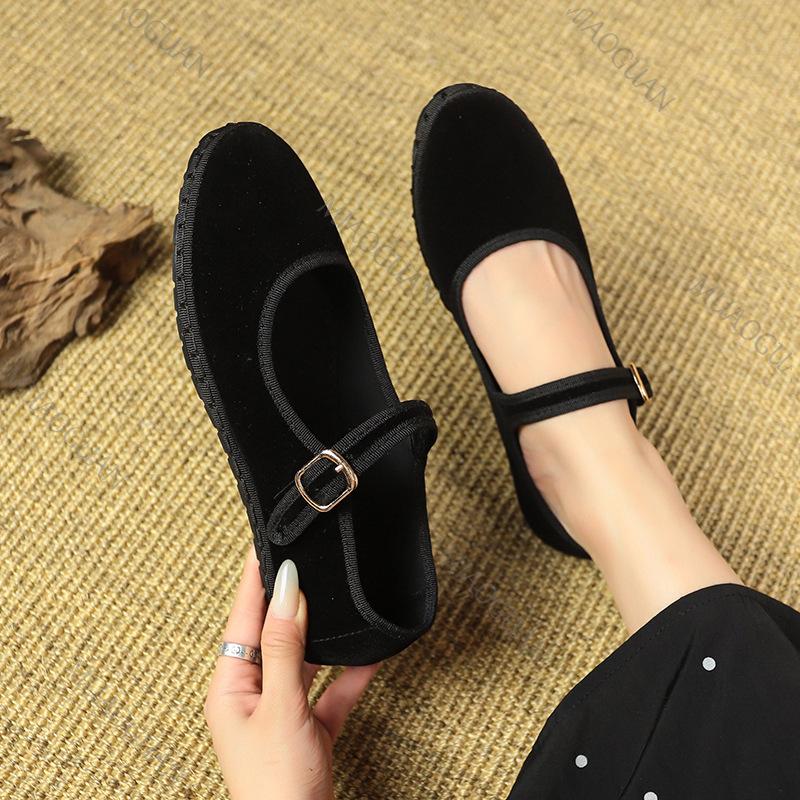Fashion Retro Flat Suede Shoes for Women Casual Spring Belt Buckle Strap Women's Flats Solid Round Toe Shallow Soft Bottom Ladies Shoes