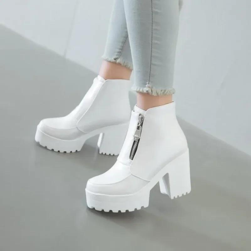 Black White Platform Ankle Boots For Women High Heels Boots Ladies Zip Autumn Winter Booties Woman Boots Shoes Ladies Shoes