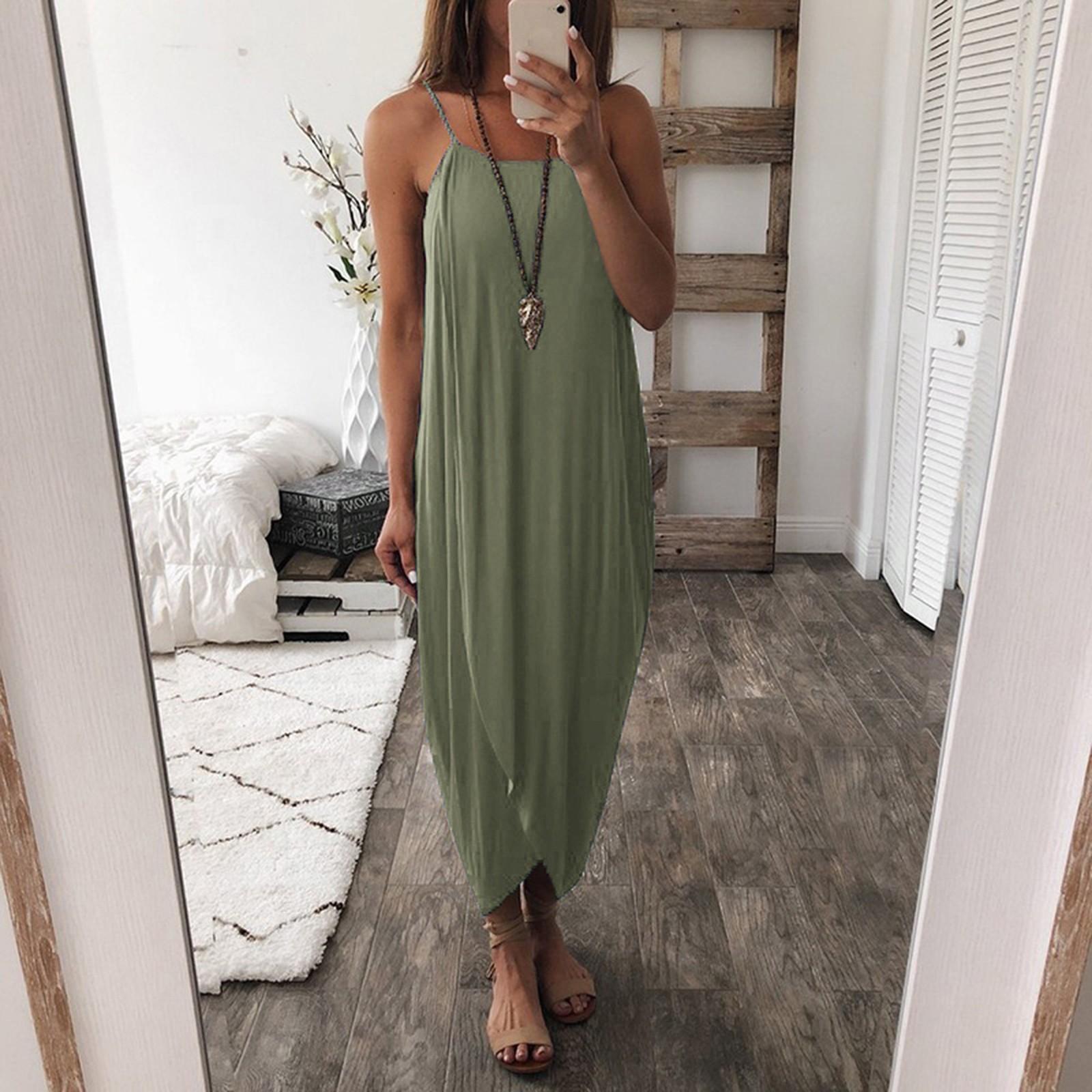 Women s Summer Loose Casual Irregular Color Sling Hip Long Dress XL