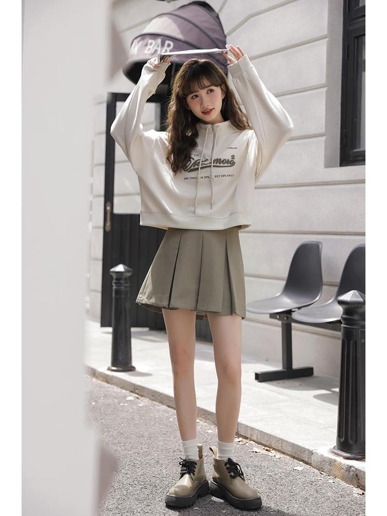 Europäischer Stil Übergröße High Waist Sweatshirt für Damen - 2025 Frühling/Herbst Kollektion: Lockere Passform, Schlankmachend, Stehkragen, Kurzes Oberteil