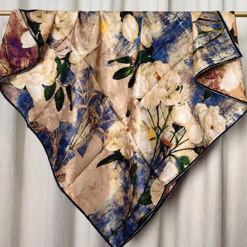 100% Mulberry Silk Scarf 110cm Square Floral Print Luxury Shawl Women
