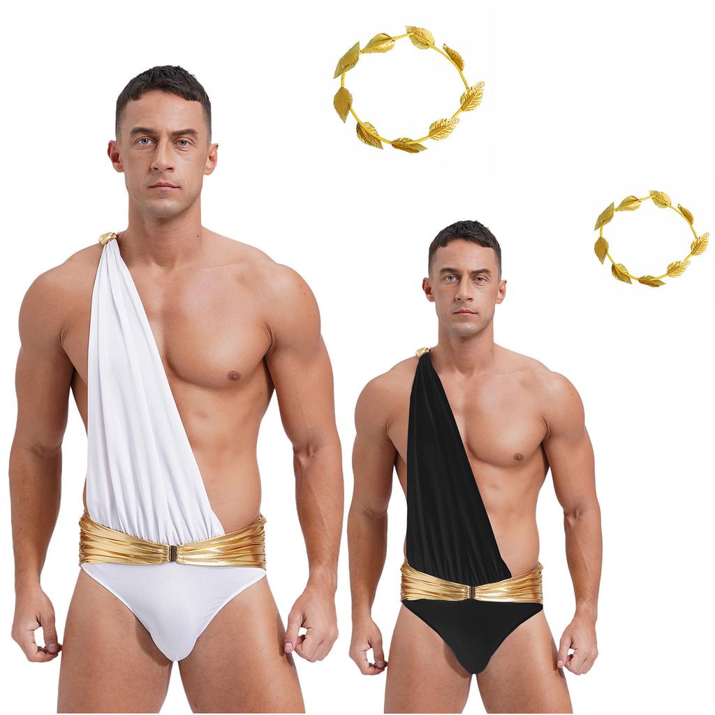 Herren antikes griechisch-römisches ein Schulter metallic Gürtel Toga Jumpsuit Cosplay Kostüm