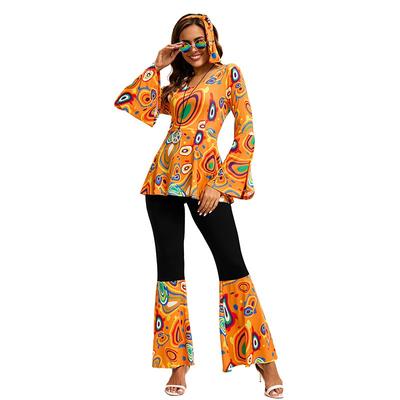 Neues Bestseller-Set mit bedrucktem Oberteil, Hose und Kopftuch, Hippie-Ball-Bühnenperformance-Kostüm