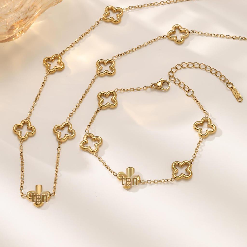 Kadınlar için Minimalist 18K Altın Kaplama Paslanmaz Çelik Dört Yapraklı Yonca Bileklik Kolye