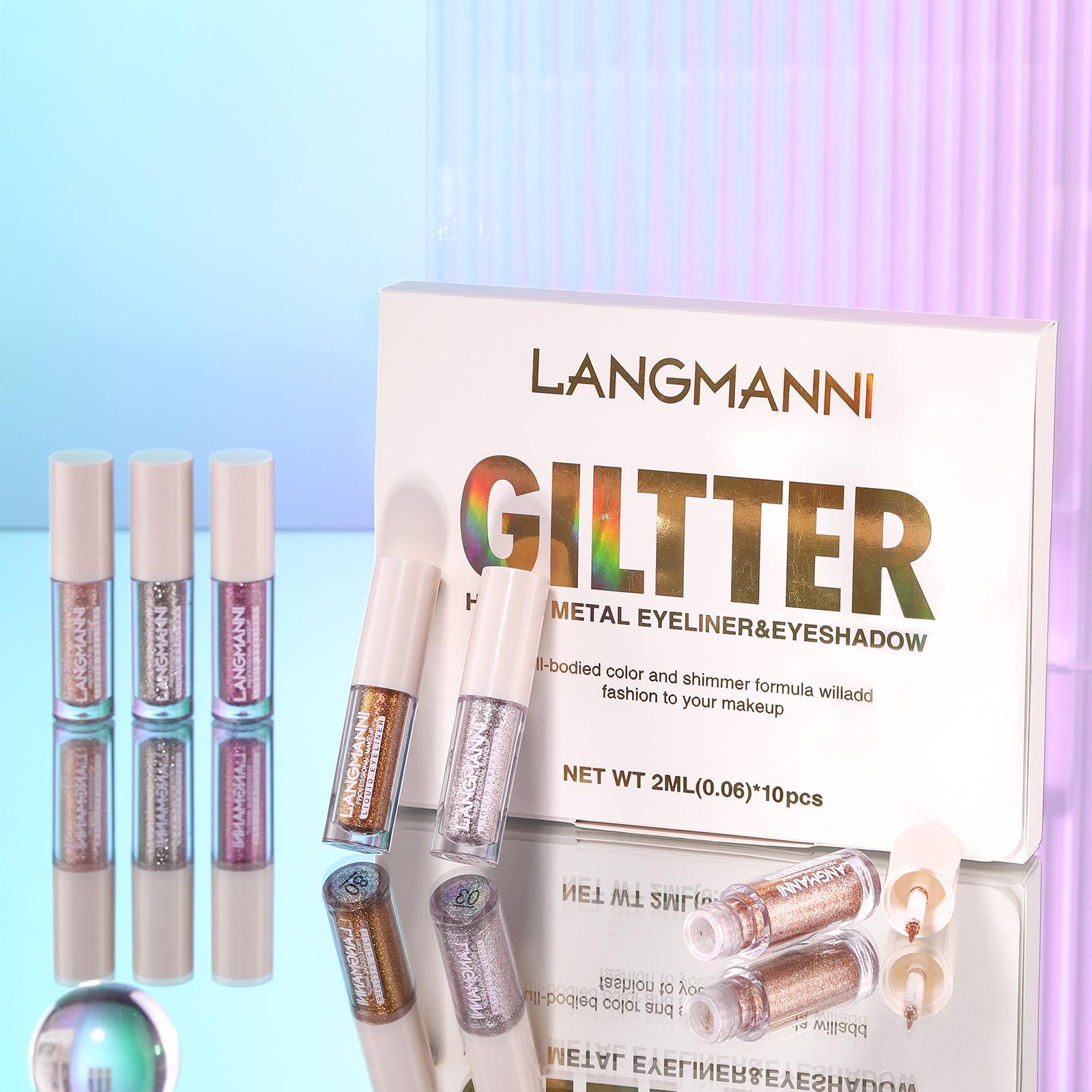 

Десятицветный набор жидкой подводки для глаз с тонкими блестками, блестящая, яркая, водостойкая, долговечная жидкая подарочная коробка, трансграничный макияж