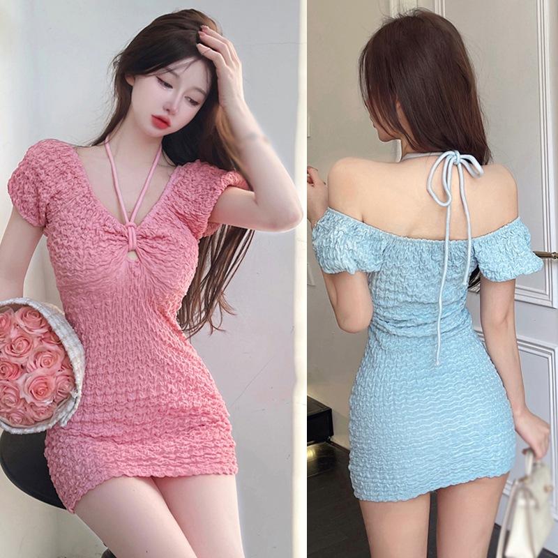 

Платье с пышными рукавами для женщин, летнее платье, милые платья на одно плечо с бретелькой на шее