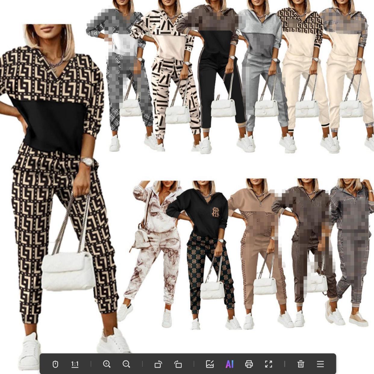

European & American Women s Printed Long-Sleeve Trouser & Sweater Suit XXXL
