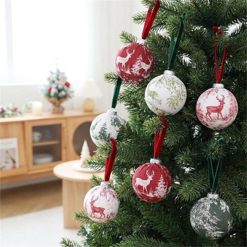 Indoor Christmas Trim Set of 6 with Fabric Finish and Ribbon Detail for Tree Use, Entry Tables, and Room Styling