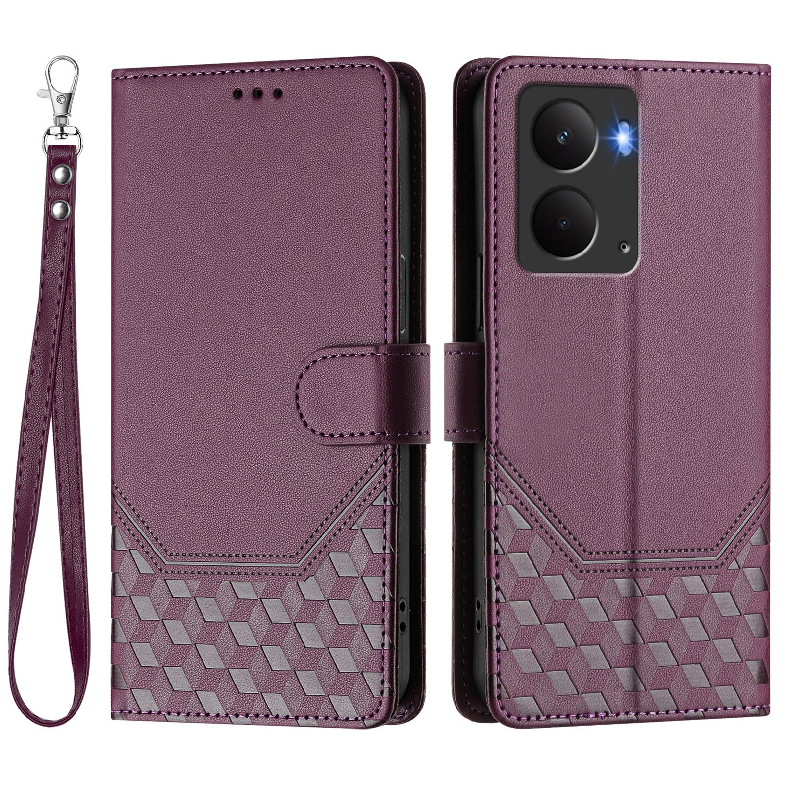 

For Realme 14 5G/Realme Neo7x 5G/Realme P3 5G Case Imprinted Honeycomb RFID Blocking Leather Phone Cover with Strap Dark Purple