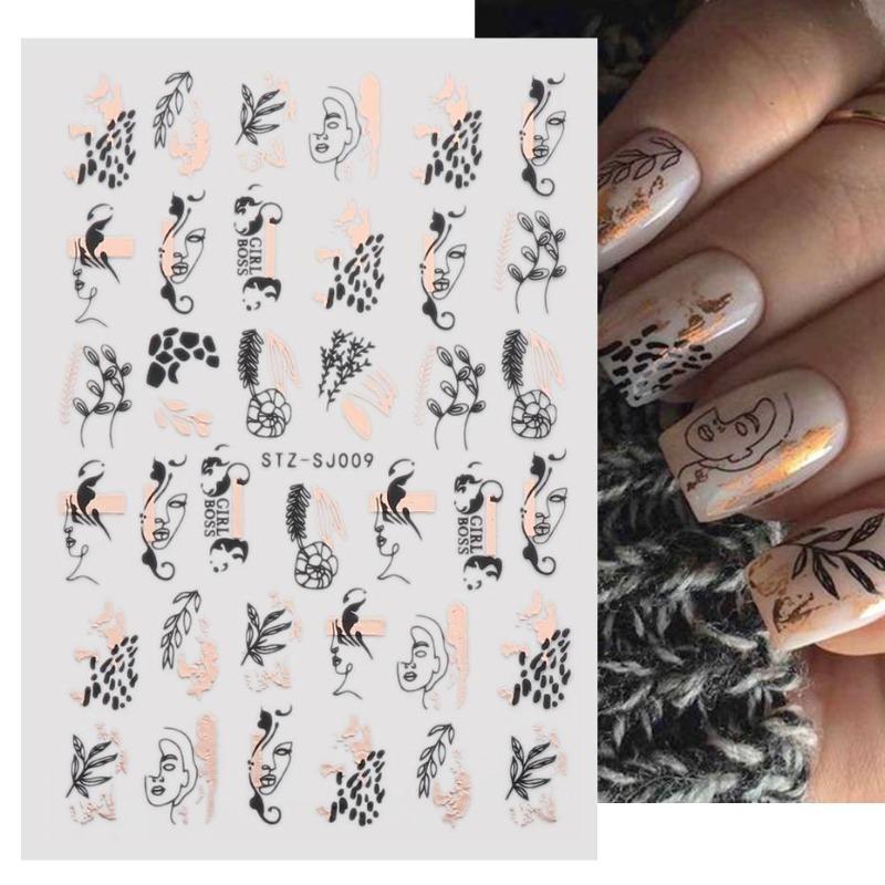 Graffiti Strips Nail Stickers for Women Nail Art Decorations Rose Gold Abstract Line Spring 3D Slider for Manicure Polish Tattoo