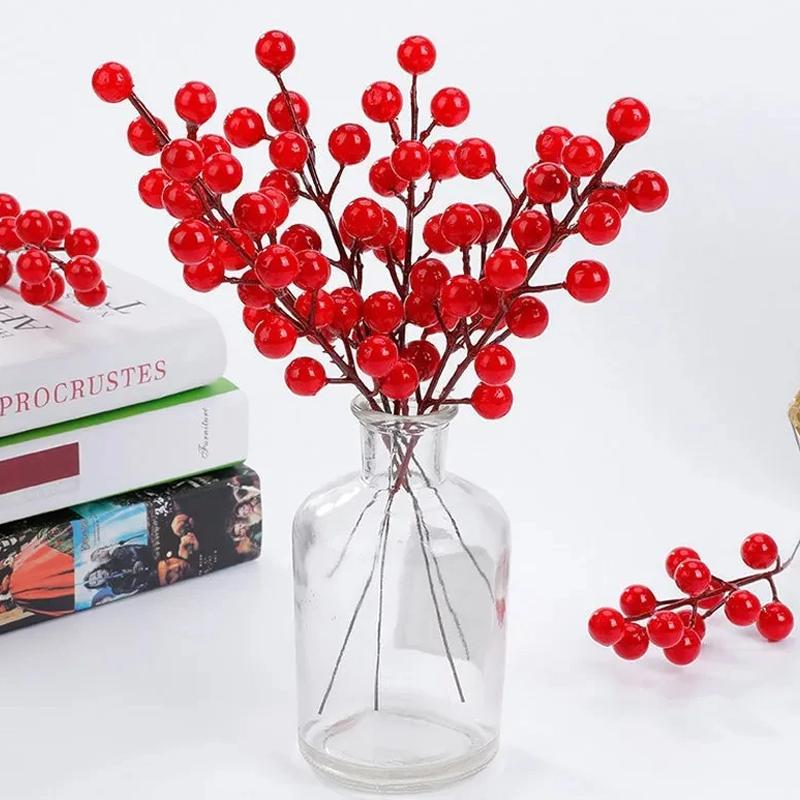 10PC Christmas Artificial Berries Branches Decor Xmas Red Berry Flowers Bouquet DIY Holiday Wreath Craft Home Party Ornament