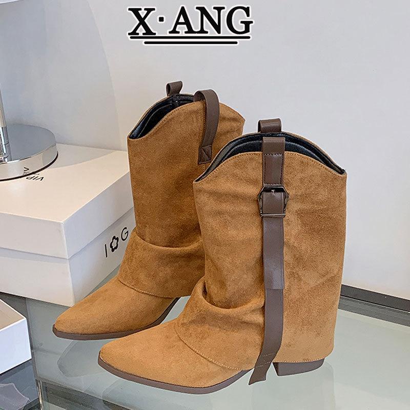 Cowhide version pointed thick heel thin trouser boots women's retro western cowboy boots women's Maillard brown knight boots