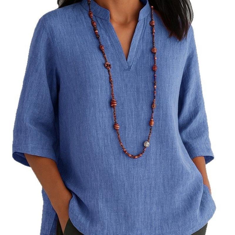 Women V Neck Three Quarter Sleeve Loose Casual Summer Blouse Shirt