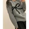 Elegant Korean O-neck Bow Tie Pattern Sweet Pullover Sweater Autumn Women Long Sleeve Casual Knitted Top Loose Fashion Winter Simple Knitwear