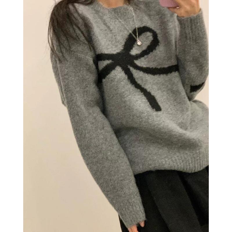 Elegant Korean O-neck Bow Tie Pattern Sweet Pullover Sweater Autumn Women Long Sleeve Casual Knitted Top Loose Fashion Winter Simple Knitwear