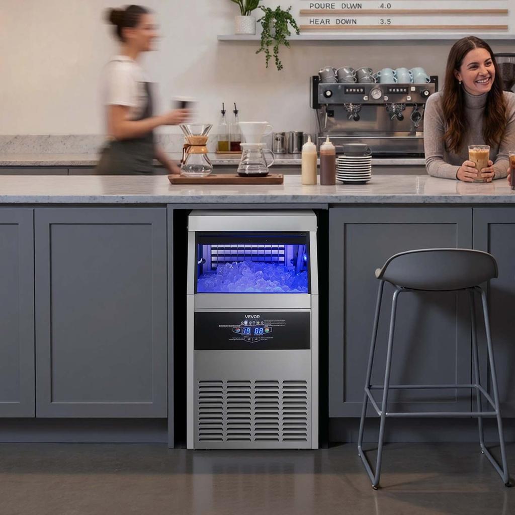 Commercial Ice Maker Machine, 73 kg/24h with 14 kg Storage Capacity, Built-in/Freestanding/Under Counter, Stainless Steel Ice Maker with LED Display &