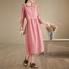 2025 new 6-color 4-size linen dress women's pullover long-sleeved medium and long solid color cotton and linen dress