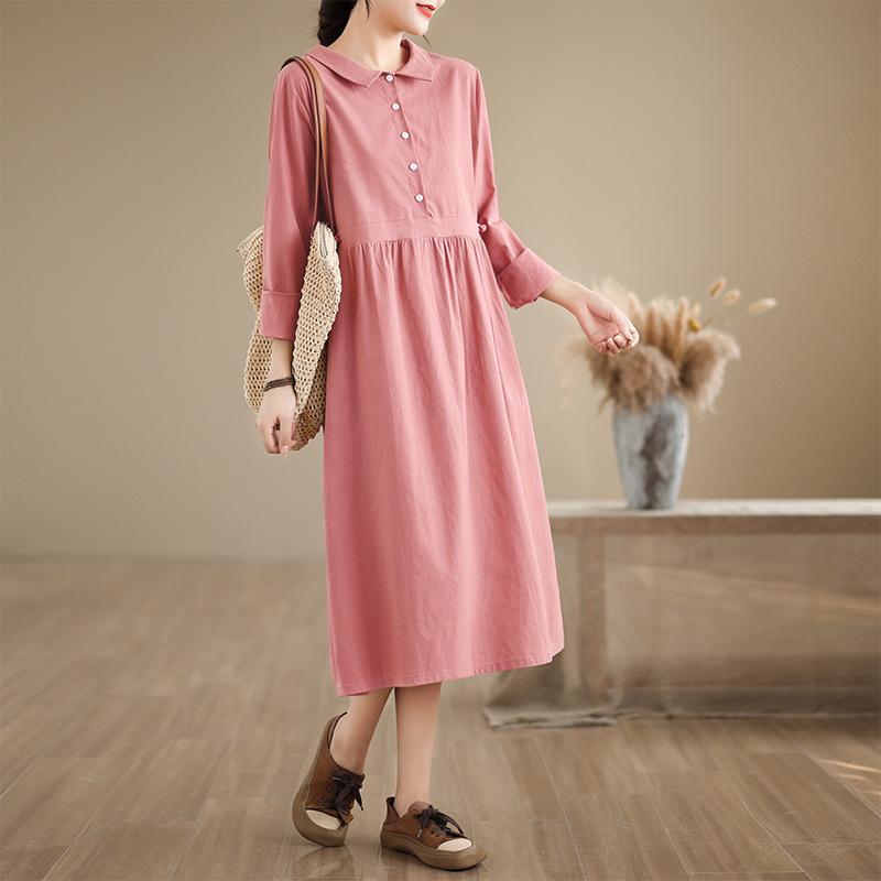 2025 new 6-color 4-size linen dress women's pullover long-sleeved medium and long solid color cotton and linen dress