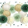 Mint Sage Green Party Decorations - Hanging Decors for Baby Bridal Wedding Shower Birthday Background with Paper Lanterns and Tissue Pom Poms Gold